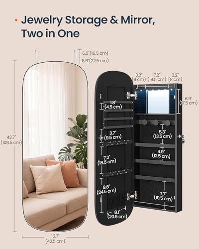 Image of SONGMICS HOME Jewelry Armoire, Mirror Jewelry Cabinet, Full Length Mirror with Storage, Wall or Over The Door Jewelry Organizer Cabinet, Built-in LED, Lockable Armoire, Black