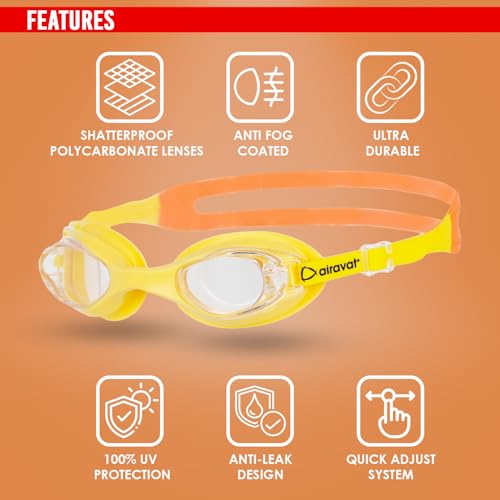 Image of AIRAVAT Hydro 1027 Swimming Goggles, Adjustable Pool Goggles For Adult, Youth, Boys & Girls, Optic Quality Poly carbonate Lenses, 100% UV Protection Anti-fog Coated, Ultra Durable (Yellow)