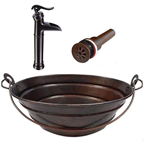 SimplyCopper 16" Oval Copper BUCKET Vessel Sink with 13" ORB Faucet and Daisy Drain Cover