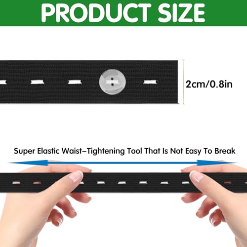 10Pcs Black Elastic Waistband, Jean Waist Tightener Tool Waist Adjuster Pants Waist Extender Waist Extenders Supplies, Pants Button Tightener with 20 Buttons, 1 Sewing Kit &1 Thread Hook2