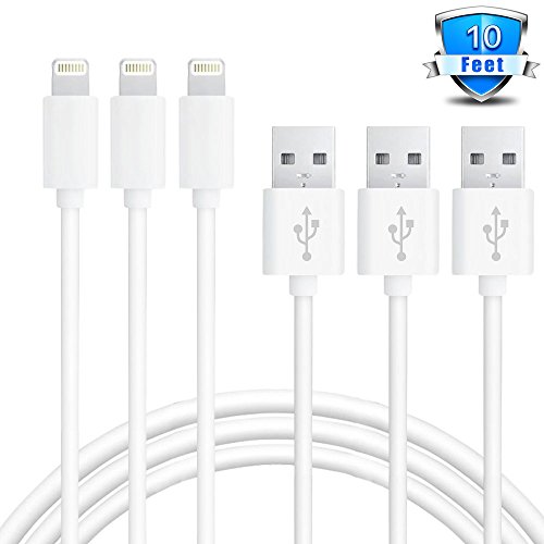 Travalo 10 Feet iPhone Lightning Cable Certified Charging Connector for iPhone, iPad and iPod (3 Pack)