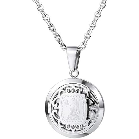 MeMeDIY Personalized Zodiac Horoscope Sign Necklace Custom for Men Women Stainless Steel Round Astrological Medallion Coin Constellation Pendant Birthday Gift Astrology Tag(Silver Color Virgo) Cover