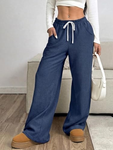Image of Women's Trendy Korean Trouser with Pockets, Casual Corduroy Stretchable Baggy Loose || High Rise Elastic Waist Going Out Lounge Pants || Wide Leg Pants for Woman