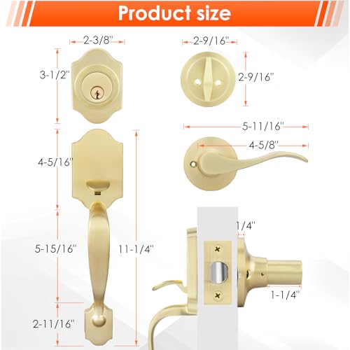 Image of Haidms Gold Front Door Handle and Deadbolt Set, Front Door Lock Set, Gold Entry Door Locksets with Deadbolt Single Cylinder, Exterior Door Handle with Reversible Handle Lever