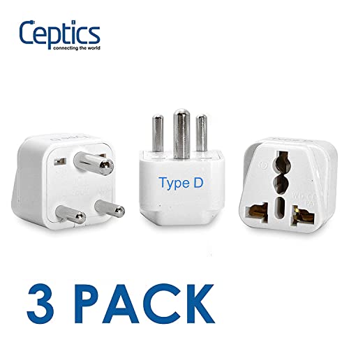 Ceptics India Travel Plug Adapter (Type D) For Pakistan, Nepal, Bangladesh - 3 Pack [Grounded & Universal] (Gp-10-3Pk) #TOP5