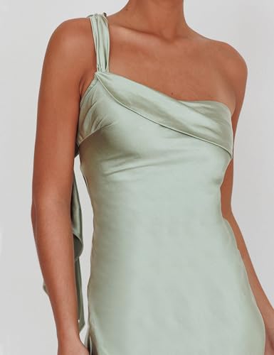 Image of 2026 Satin One Shoulder Maxi Dress for Women Summer Silk Formal Elegant Backless Ruffle Sleeveless Wedding Guest Dresses