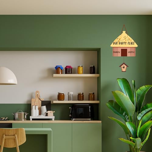 Image of GENXTRA Wooden Our Happy Place MDF Hut Wall Hanging - 50 cm Rustic Home Sign | Thankful & Grateful Decor for Home Entrance, Drawing Room, kitchen or Balcony | Decorative Plaques for Housewarming (HOME 01)