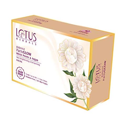 Lotus Herbals Radiant PartyGLOW White Peony & Argan Oil Detanning Facial Kit | 5 Easy Steps | Paraben Free | Salon Grade | All Skin Types | Pack of 1 | 57g Cover
