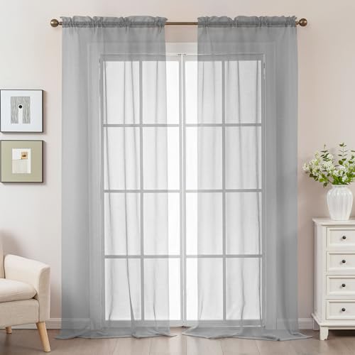 Image of Grey Sheer Curtains 96 Inches Long, Privacy Semi Sheer Curtains for Living Room Bedroom, Light Filtering Rod Pocket Voile Window Drapes 2 Panels Set, Each 42 inch W x 96 inch L