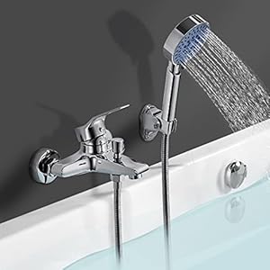 Stilvolle Badewannenarmatur Dusche set, Handbrause mit 5 Strahlarten, WOOHSE Wannenarmatur Badewanne Armatur, Wannenbatterie Wasserhahn inkl. Wandhalterung