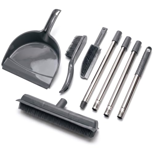 Image of OVENTE Carpet Rake Rubber Broom with Squeegee Set, Grey CT2504GY | With Detailing Lint Fur Remover Brush, Dustpan and 50 inch Handle, Cleaning Tools Set for Rug, Hardwood Floor, Tile & Window