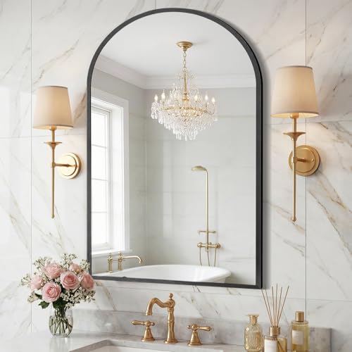 Image of Sweetcrispy 24 inchx36 inch Arched Black Bathroom Mirror, Bathroom Mirrors for Over Sink, Modern Wall Mirrors Arch Decorative for Entryway, Bedroom, Vanity,Horizontal or Vertical Hanging