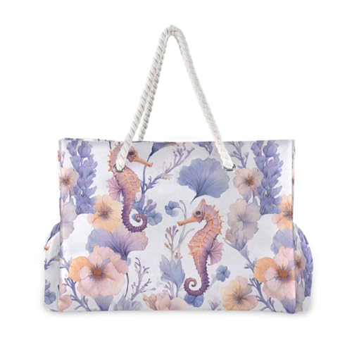 susiyo Seahorses and Flowers Beach Bags for Women Large Travel Tote Bag Waterproof Sandproof Lightweight Swim Pool Bag for Family Outdoor2