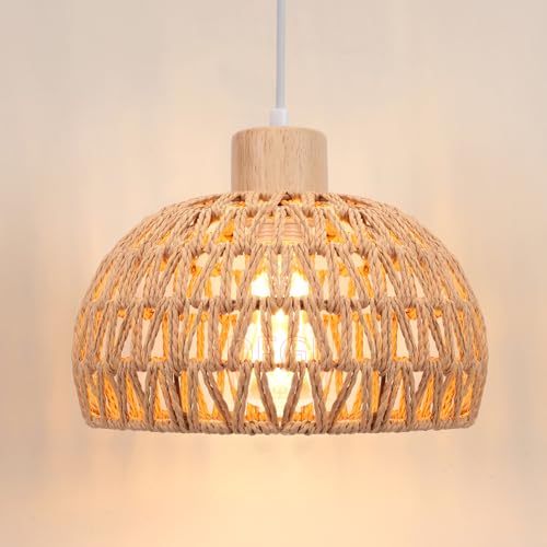 iDEGU Suspension Luminaire Vintage 25CM Lustre Industriel en Bois Rotin Cage Abat-jour Lampe de Plafond E27 Éclairage Décoration Lampe Suspension pour...