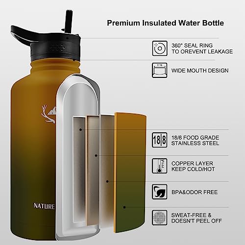Image of NATURE PIONEOR 64 oz Insulated Water Bottle with Carrier Bag & 3 Lids
