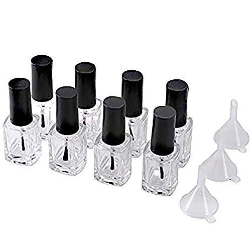 Coobbar 8pcs Clear Empty Glass Nail Polish Bottles with Brush Cap, 3pcs Plastic Funnel for Nail Art Sample (15ml)