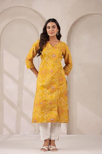 Image of Ichaa Women's Cotton Kurta | Printed Straight Kurta | V-Neck, 3 /4th Sleeve, Ethnic Wear