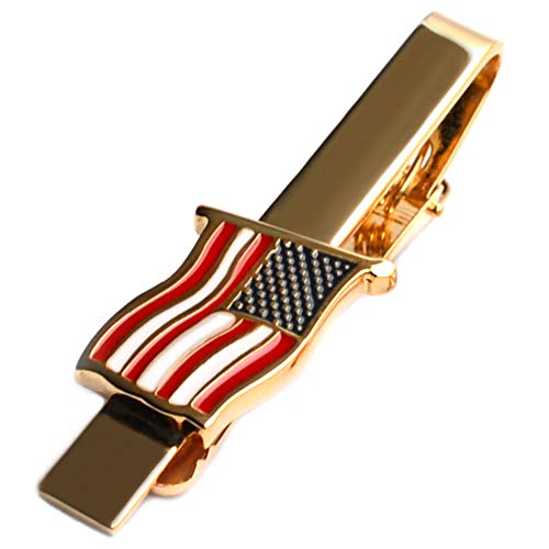 American Tie Clip for Men, Gold American Flag Necktie Bar Clips, Formal Tie Pins Stickpin Gift for USA Governor, Officer, Lawyer, Soldier, Patriot, Cops, Policemen (Waving Clip)