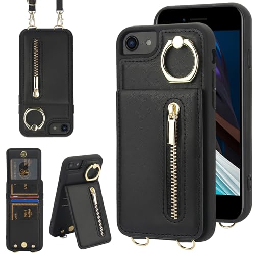 Jcxtrombulous Crossbody Wallet Case for iPhone 7/8/SE 2020/SE 2022 with Lanyard Strap Card Slot Holder RFID Blocking Kickstand,Magnetic Flip Folio Zipper Purse Case, PU Leather Cover Handbag,Black