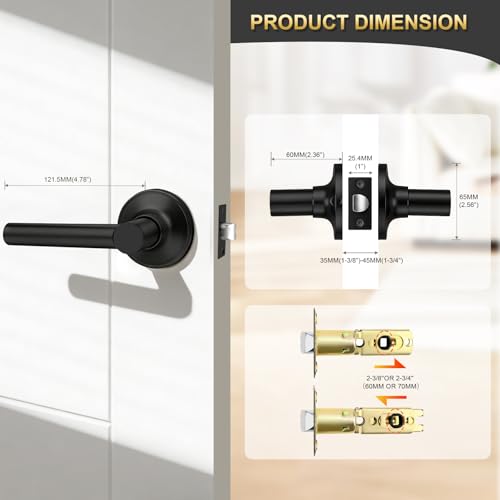Brotima 5 Pack Passage Black Door Handles, Matte Black Keyless Door Lever Non-Locking Lever Set Indoor for Hallway Closet, Heavy Duty Door Handle Interior for Left Right Sided Doors - Thumbnail 7