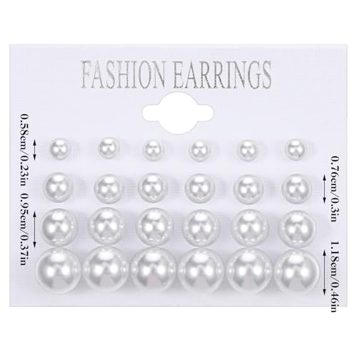 24 Pairs Pearl Studs Earrings for Women, Faux Simulated Pearl Earrings 4 Mixed Sizes Round Ball Pearls Stud Earring Set2