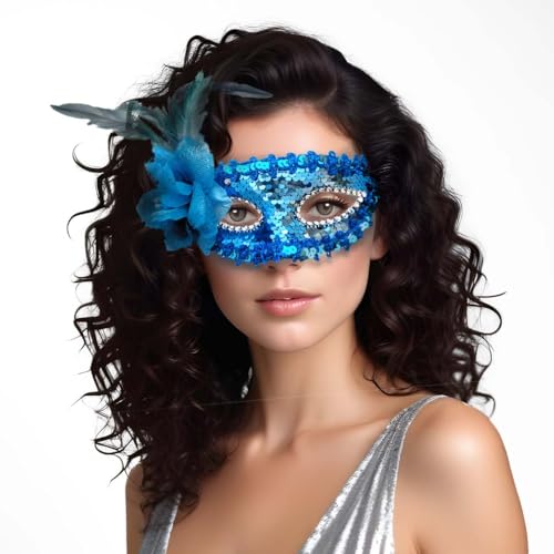 Image of Wanna Party Women's Blue Sequin Eye Mask with Flower for Masquerade Party,Fancy Dress Costume, New Year Party