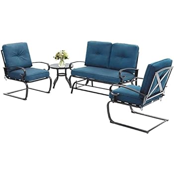 Alternative view of SOLAURA 4-Piece Outdoor Furniture Patio Conversation Sets Swing Glider Loveseat and Spring Lounge Chairs with Side Table for Garden, Deck, Balcony, Poolside, Lawns (Peacock Blue)