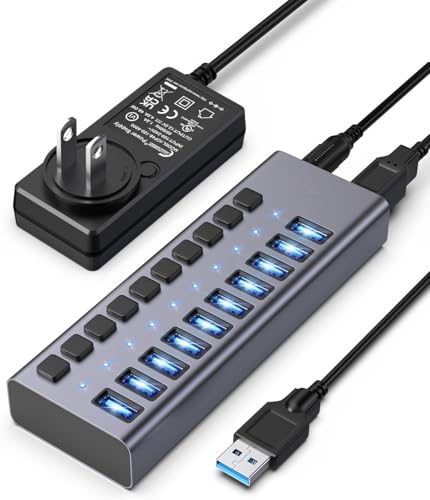 Image of 10 Port USB 3.0x1 with Power Adapter usb3 Fast Powered Data hub, Multiple Splitter, US.B Docking Station, multiport hubs, LEDs on /Off Sw1tch Compatible with pc Laptop MaBook iMac (LKP0652H 10Ports)