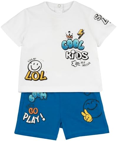 Chicco, Newborn Baby Set with T-Shirt and Shorts in Soft Fabric, Children's Clothing, Designed in Italy, White, Blue, 12 months