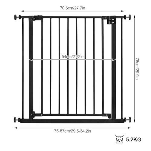 WOLTU Treppenschutzgitter 75–87 cm, Türschutzgitter aus Metall, mit/ohne Bohren, Auto-Close, 90°-Stopp, beidseitig schwenkbar, 2 Riegel, einhändig zu öffnen,Schwarz