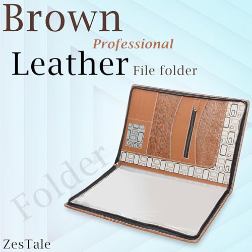 Image of ZesTale Premium Executive Document File Folder - PU Leatherette Certificate Holder, Zipper Closure, 20 Transparent Leaves, Card & Pen Holder - Office, School & Business Organizer (Brown)