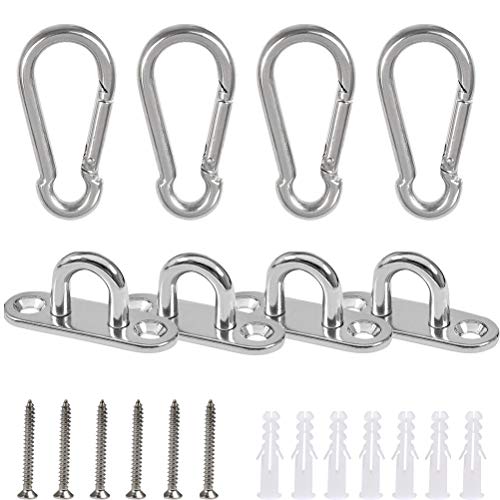 YOTINO 4 stuks 5 mm karabijnhaken 304 roestvrij staal + 1 x 4,5 cm karabijnhaak oogplaat Oblong, schroefkarabijnhaak hangmat, brandweerkarabijnhaak, veiligheidskarabiner klimmen, dekplaat