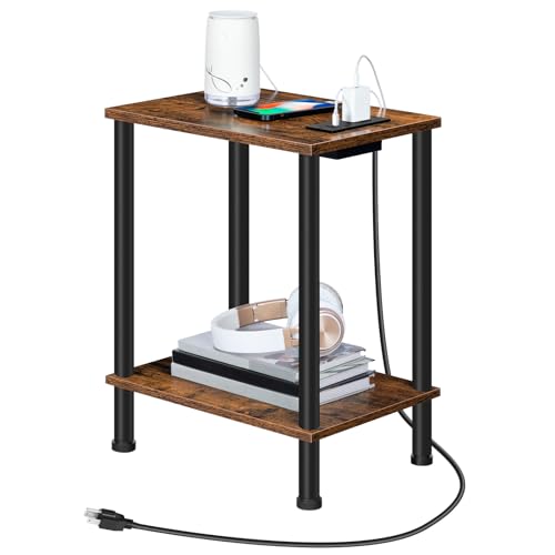 HOOBRO Side Table with Charging Station, Small End Table with USB Port and Outlet, Nightstand with 2-Layer Storage Shelves for Small Spaces, Living Room, Bedroom, Stable Frame, Rustic Brown
