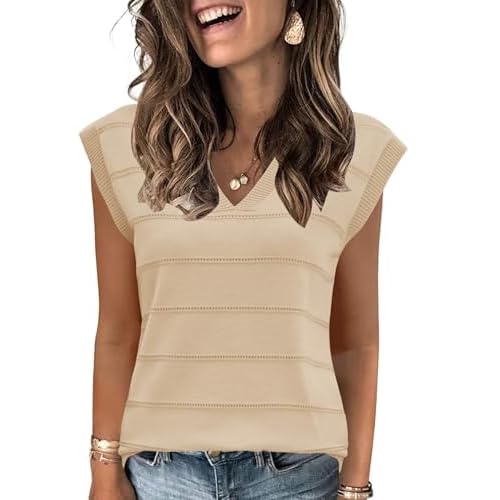 AKEWEI Sweater Vest Women Sleeveless Knitted V Neck Cap Sleeve Pullover Tank Tops 2025 Summer Fall Fashion Causal Trendy Apricot Large