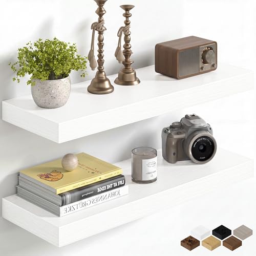 Image of Fun Memories 24Inch Floating Shelves for Wall, 8 Inch Deep Shelves for Bathroom|Bedroom|Kitchen Wall Mounted, Wood Hanging Shelf with Invisible Brackets for Home Storage Decor, White - 2 Pack