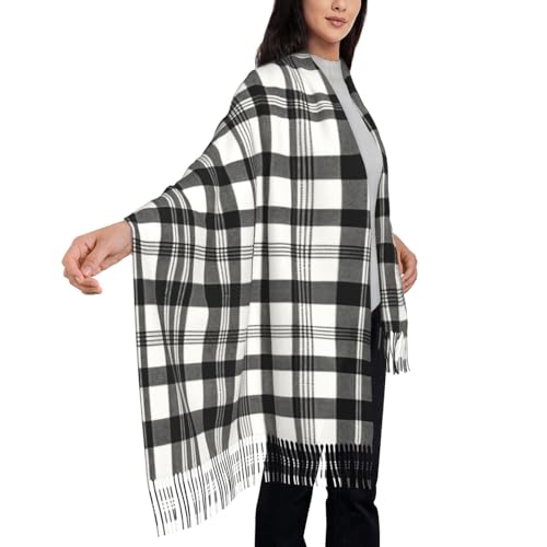 Black And White Plaid Print Tassel Scarf - Stylish And Cozy Accessory For Spring, Autumn, And Winter, 78" * 28"4