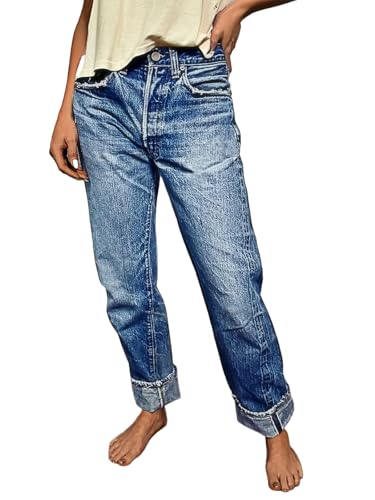 Flamingals Women's Straight Leg Mid Waist Casual Ripped Cropped Jeans for Women Destroyed Roll Hem Denim Jeans