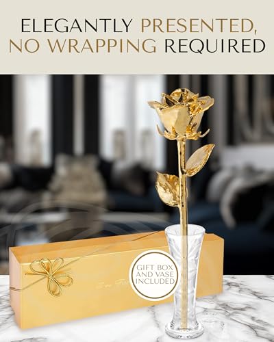 Image of Forever Rose 24K Gold Dipped Real Rose - Handmade, Long-Lasting Preserved Flower in Glass Vase & Gold Box, Romantic Gift for Anniversary, Valentine's, Mother's Day, Birthday, Wedding, Wife, Girlfriend