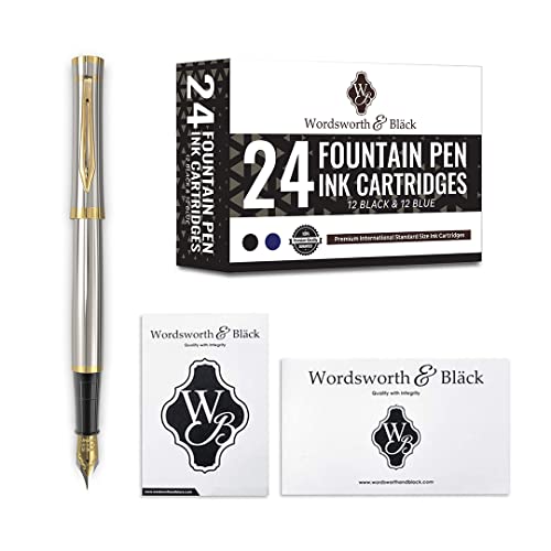 Wordsworth & Black Fountain Pen Set, 18K Gilded Medium Nib, Includes 24 Pack Ink Cartridges, Ink Refill Converter & Gift Pouch, Gold Finish, Calligraphy, [Silver Gold], Perfect For Men & Women #TOP1