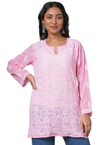 Image of Ada Women's Georgette Regular Fit Chikankari Hand Embroidered Lucknow Short Kurti Top A911224