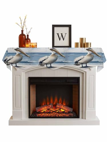 Fireplace Scarf White Pelican Wave Beach Decorative Mantel Scarf Oil Painting Fireplace Mantel Decor Table Topper for Living Room Bedroom Home Decoration 90x17in