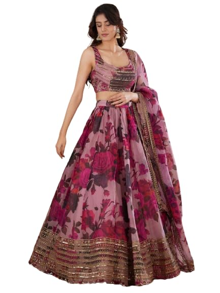 Women’s Rosy Pink Floral Printed UnStiched Lehenga Choli Set with Dupatta | Embroidered Border-image-26