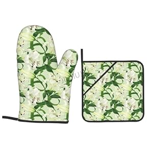 Oven Mitts and Pot Holders Set Lily Flower Patterns Non-Slip Heat Resistant Oven Mitts and Potholder for Cooking Baking Grilling BBQ