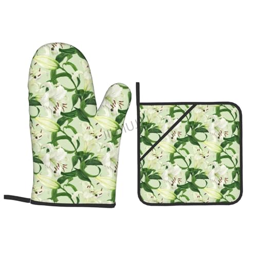 Oven Mitts and Pot Holders Set Lily Flower Patterns Non-Slip Heat Resistant Oven Mitts and Potholder for Cooking Baking Grilling BBQ