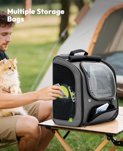 pecute Katzenrucksack Bubble Haustier Rucksack mit Netzfenster, Tragbare und Faltbare Katzentasche, Atmungsaktive und Leichte Hundetasche für Hunde Katzen Haustiere, Grau (42 * 32 * 26cm)