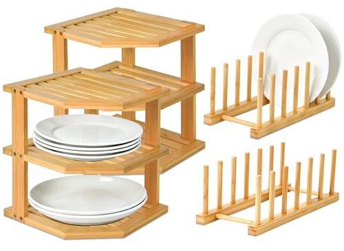 Image of Bamboo Plate Organizer Set, 3 Tier Corner Shelf & Vertical Plate Rack,2 Set
