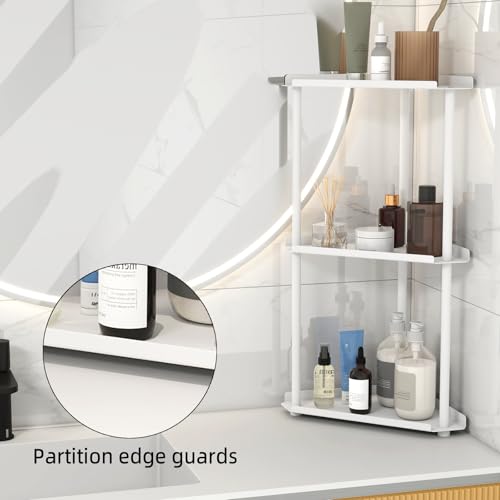 Image of FLE Corner Bathroom Counter Organizer, Bathroom Organizer Countertop White | 3 Tier Corner Shelf, Tabletop Mount,Waterproof solid shelf fits bathroom toiletries and kitchen condiment storage.