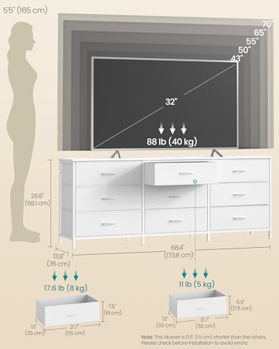 Image of SONGMICS Dresser with 9 Fabric Drawers, TV Stand for TVs Up to 70 Inches | Wide Dresser, Chest of Drawers for Bedroom and Living Room, Cloud White, BELLAH Collection ULGS233WH02S