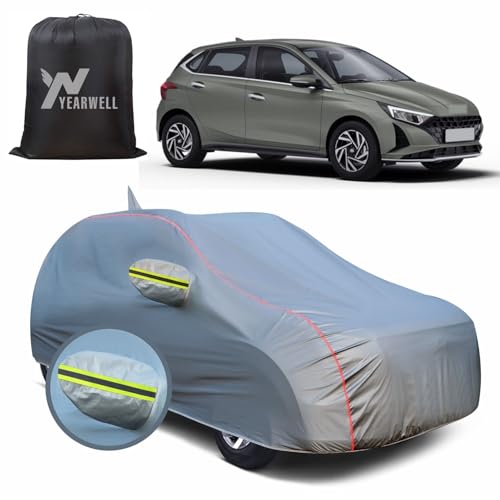 Image of Car Body Cover for Hyundai i20 (2021 to 2025), 100% Waterproof, Heat-Resistant with Mirror & Antenna Pockets, Soft Cotton Lining, Triple Stitched, Green Reflector (Metallic Grey)
