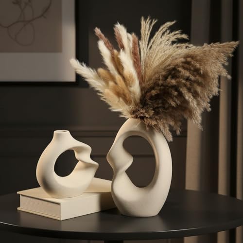 PUREZENTO Unique White Ceramic Donut Vase 8.5 & 5.7 Inch - Set of...